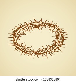 Old circle wreath with sharp spikes for redeemer head isolated on white backdrop. Freehand outline ink hand drawn sign sketch in art doodle retro style pen on paper. Closeup view with space for text