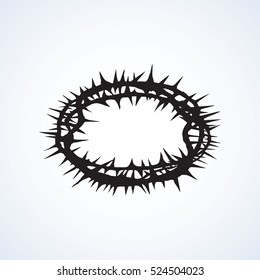 Old circle wreath with sharp spikes for redeemer head isolated on white backdrop. Dark black ink hand drawn object sign sketch in art engraving retro style. Closeup view with space for text