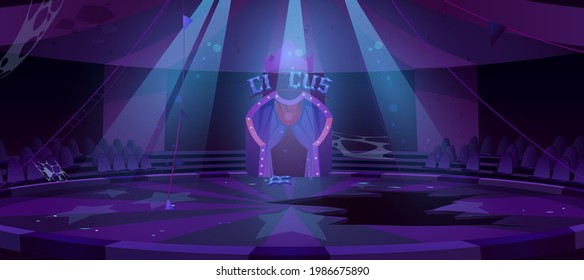 Old Circus Arena At Night, Abandoned Round Stage For Performance, Carnival Show. Vector Cartoon Empty Interior Inside Of Vintage Cirque Tent With Dirty Scene, Broken Decoration And Hole In Floor