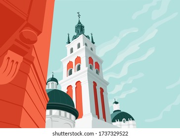 Old city architecture with Cathedral curch on blue sky background