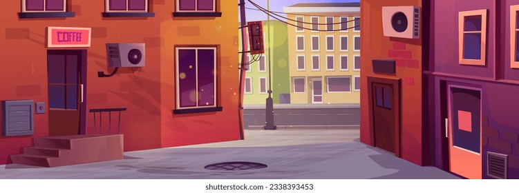 Old city back alley street cartoon vector background. Brick wall neighborhood house ghetto landscape illustration for game. Empty sunny cityscape with cafe entrance and stairs. Nyc home backstreet