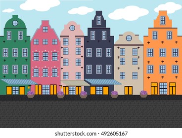 Old city background with colorful buildings, houses, flowered beds and paved road. Flat vector illustration