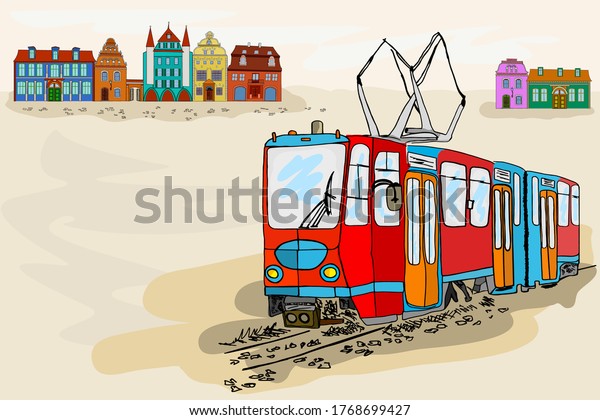 Old city banner with tram. Retro tram poster\
with old town scene,historical streetcar and vintage houses. Travel\
tourist vintage in flat design.Travel banner for advertising. Stock\
vector illustration
