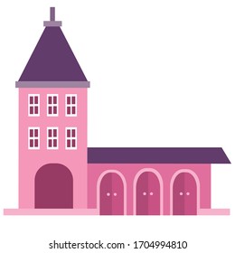 old city building with a column and stables in pink on a white background, vector illusion,