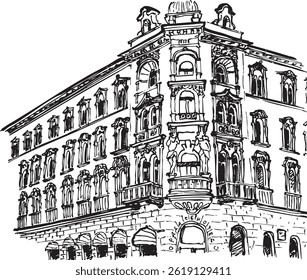 Old city building sketch illustration