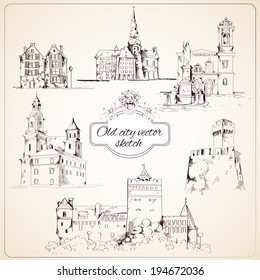 Old City Buildings Hand Drawn Decorative Elements Set Isolated Vector Illustration.