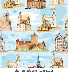 Old city buildings hand drawn decorative elements seamless pattern vector illustration