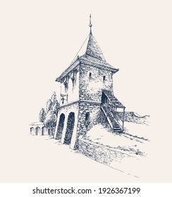 Old city citadel stone gate artistic hand drawing
