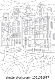 Old city coloring book isolated on white background. Vector illustration with amsterdam canal