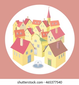 Old city concept. Flat design retro urban landscape. Abstract old town street buildings. Houses isolated on white.  Background of historical place banner, poster in vintage style. Vector illustration.