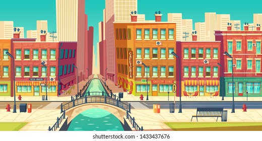 Old city district in modern metropolis cartoon vector. Outdoor cafeteria on embankment, grocery store, bar signboards on retro architecture buildings facades, road, arch bridge over river illustration
