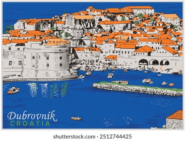 Cidade velha Dubrovnik Croácia esboço desenhado à mão, Dubrovnik Croácia Vintage cartaz de viagem, férias europeias vetor ilustração 