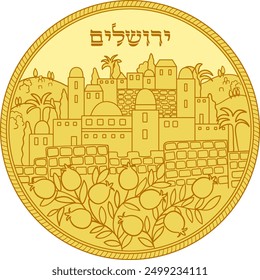 Old city flat round judaica illustration. Translation: "Jerusalem"