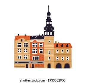 Old city hall with clock tower and belfries in Ostrava. Famous Czech building. Colored flat vector illustration of European architecture isolated on white background