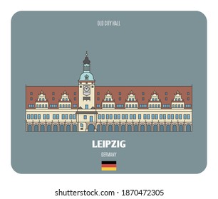 Old City Hall in Leipzig, Germany. Architectural symbols of European cities. Colorful vector 