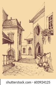 Old city hand drawing, small street and motor scooter