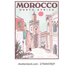 Old city hand sketch design. Morocco city print design for t shirt. North African city street view.
