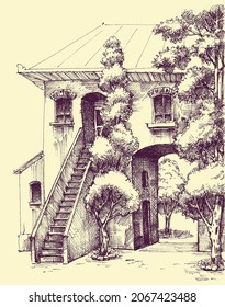 Old city house exterior and garden hand drawing