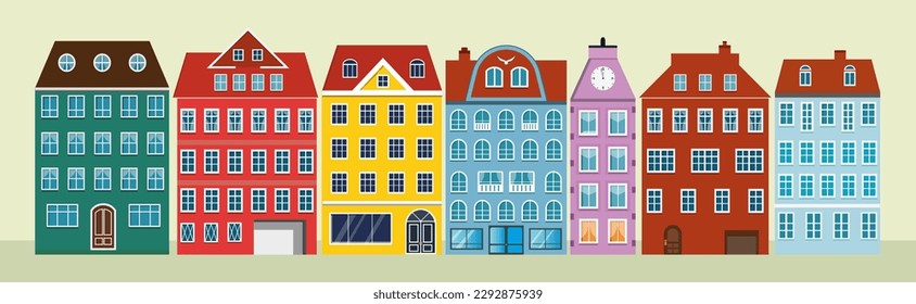 Old city houses. European retro style building. Facades of Old town. Vector illustration of Copenhagen.