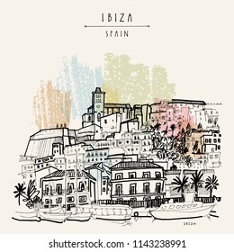 Old city of Ibiza Town, Balearic islands, Spain, Europe. Ibiza castle. Historical buildings.Travel sketch. Hand-drawn vintage book illustration, greeting card, postcard. poster in vector