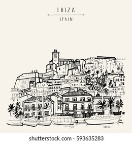 Old city of Ibiza Town, Balearic islands, Spain, Europe. Ibiza castle. Historical buildings.Travel sketch. Hand-drawn vintage book illustration, greeting card, postcard. poster in vector