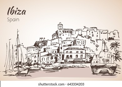 Old city of Ibiza Town, Balearic islands, Spain, Europe. Ibiza castle. Historical buildings.Travel sketch. Hand-drawn vintage book illustration. Isolated on white background