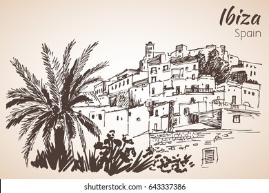 Old city of Ibiza Town, Balearic islands, Spain, Europe. Ibiza castle. Historical buildings.Travel sketch. Hand-drawn vintage book illustration. Isolated on white background