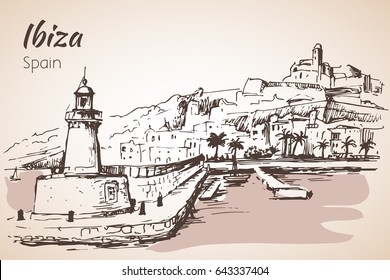 Old city of Ibiza Town, Balearic islands, Spain, Europe. Ibiza castle. Historical buildings.Travel sketch. Isolated on white background