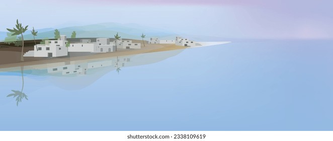 Old city Israel banner. Vector landscape with seaside town. Minimal design in pastel colors. 