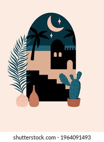Old city landscape at night in boho style.  Vector illustration