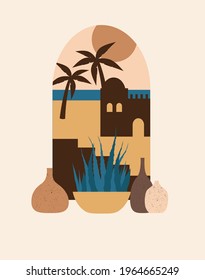 Old city landscape with palms. Vector illustration