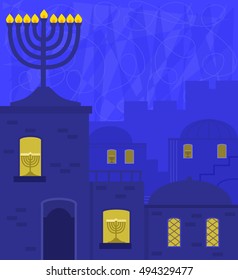 Old City With Menorah - Hanukkah design of an old city at night, with big menorah on top of a roof and small ones on windowsill. Eps10