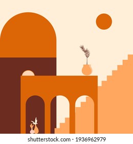 Old city minimalist boho illustration. Boho summer terracotta old city with stairs pattern for design tourism agency flyer, summer birthday greeting card, resort party advertising etc