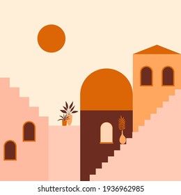 Old city minimalist boho illustration. Boho summer terracotta old city with stairs pattern for design tourism agency flyer, summer birthday greeting card, resort party advertising etc