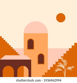 Old city minimalist boho illustration. Boho summer terracotta old city with stairs pattern for design tourism agency flyer, summer birthday greeting card, resort party advertising etc