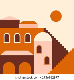 Old city minimalist boho illustration. Boho summer terracotta old city with stairs pattern for design tourism agency flyer, summer birthday greeting card, resort party advertising etc