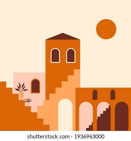 Old city minimalist boho illustration. Boho summer terracotta old city with stairs pattern for design tourism agency flyer, summer birthday greeting card, resort party advertising etc