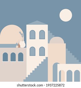 Old city minimalist boho illustration. Boho summer old city with stairs pattern for design tourism agency flyer, summer birthday greeting card, resort party advertising etc