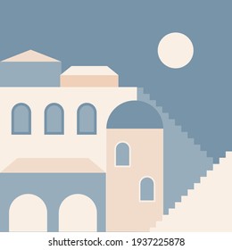 Old city minimalist boho illustration. Boho summer old city with stairs pattern for design tourism agency flyer, summer birthday greeting card, resort party advertising etc