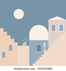 Old City Minimalist Boho Illustration. Boho Summer Old City With Stairs Pattern For Design Tourism Agency Flyer, Summer Birthday Greeting Card, Resort Party Advertising Etc