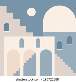 Old city minimalist boho illustration. Boho summer old city with stairs pattern for design tourism agency flyer, summer birthday greeting card, resort party advertising etc