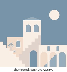 Old city minimalist boho illustration. Boho summer old city with stairs pattern for design tourism agency flyer, summer birthday greeting card, resort party advertising etc