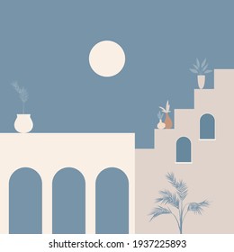 Old city minimalist boho illustration. Boho summer old city with stairs pattern for design tourism agency flyer, summer birthday greeting card, resort party advertising etc
