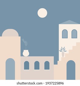 Old city minimalist boho illustration. Boho summer old city with stairs pattern for design tourism agency flyer, summer birthday greeting card, resort party advertising etc