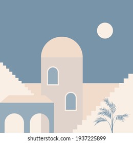 Old city minimalist boho illustration. Boho summer old city with stairs pattern for design tourism agency flyer, summer birthday greeting card, resort party advertising etc