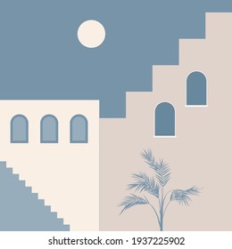 Old city minimalist boho illustration. Boho summer old city with stairs pattern for design tourism agency flyer, summer birthday greeting card, resort party advertising etc