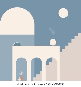 Old city minimalist boho illustration. Boho summer old city with stairs pattern for design tourism agency flyer, summer birthday greeting card, resort party advertising etc