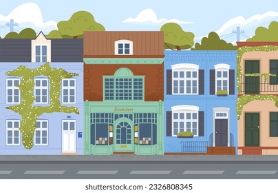 Old city panorama vector concept. Urban architecture and infrastructure. Bookstore or bookshop. Cityscape with real estate and buildings. Exterior and facade. Cartoon flat illustration