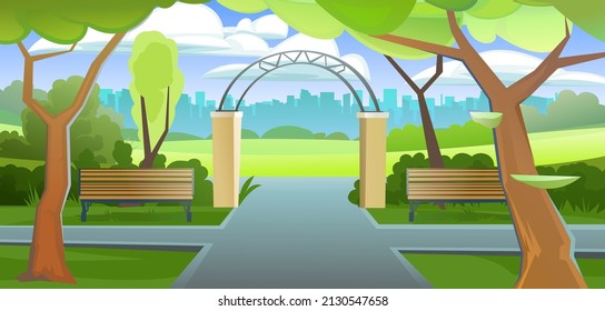 Old city park with a fence. A beautiful natural place to stay. Wooden benches. Large trees and paths with sidewalks. Vector.