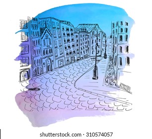 Old city of Prague street in hand-drawn sketch style. Vector illustration. Small European town. the vintage landscape on the white background